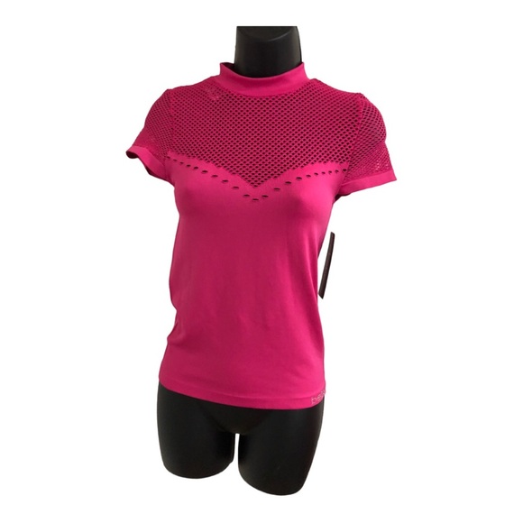 Bebe hot pink mesh rhinestone bebe logo scuba fit stretch active top size XS/S - Picture 7 of 14